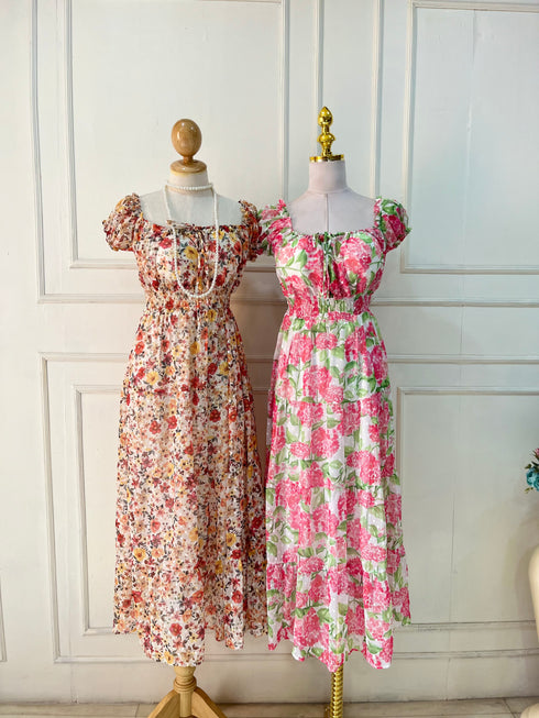 Spring Floral Square Neck Long Maxi Dress